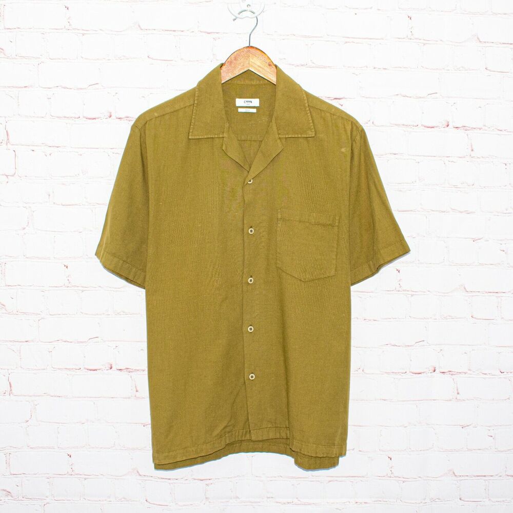 CMMN SWDN Short Sleeve Camp Shirt Olive Cotton Size 50